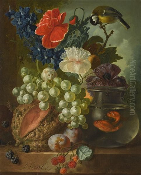 Still Life With Grapes, Melon, Plums, A White Mouse, Blue Tit And Two Goldfish In A Glass Bowl - view 1