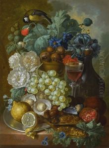 Still Life With Fruit And Flowers, Together With Oysters, Mussels, Smoked Herring, A Glass Of Wine And A Decanter by Jan van Os