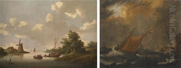 A River Landscape With Figures In Boats, A Windmill Beyond - view 1