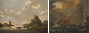 A River Landscape With Figures In Boats, A Windmill Beyond by Jan van Os