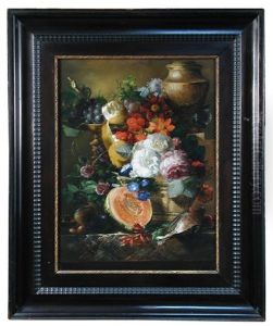Still Life Of Grapes, A Peeled Lemon, Lilies And A Cut Melon In A Wicker Basket With A Bird Upon A Stone Ledge Surmounted By An Urn<br/>oil On Panel, In A Dutch Ripple Frame by Jan van Os
