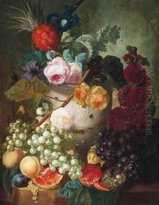 Peonies, Roses, An Iris And Other Flowers In A Vase With Putti, With A Bird's Nest And Peaches, A Pineapple, A Pomegranate, Grapes And Other Fruit On A Stone Ledge