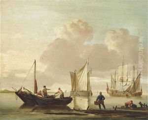 Shipping In Calm Waters With Fishermen Unloading Their Catch by Jan van Os