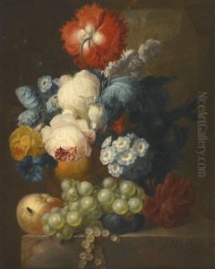 Still Life Of Roses, Morning Glory, A Poppy And Other Flowers With A Bunch Of Grapes On A Ledge, Buildings In The Distance