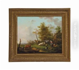 A Landscape With A Shepherd Resting And A Milkmaid Tending To Farm Animals