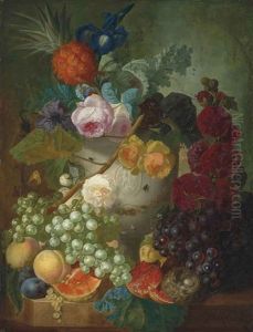 Peonies, Roses An Iris And Other Flowers In A Vase With Putti, With A Bird's Nest And Peaches, A Pineapple, A Pomegranate, Grapes And Other Fruit On A Stone Ledge by Jan van Os