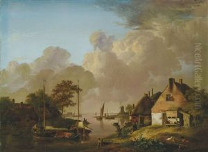 Hollandische Landschaft Mit Bauernhausern Am Wasser