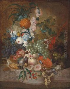 Roses, Morning Glory, An Iris And Other Flowers, With Grapes, Peaches, Pears, A Pineapple And Other Fruit, And A Mouse, Butterflies, Snails