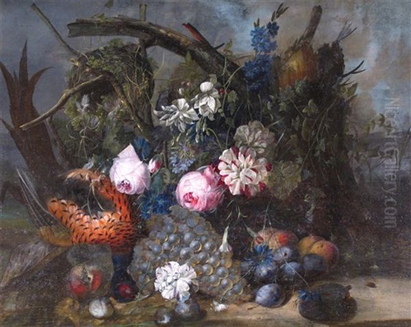 Still Life Flowers Fruit And Game In A Woodland Setting - view 1