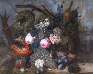 Still Life Flowers Fruit And Game In A Woodland Setting by Jan van Os