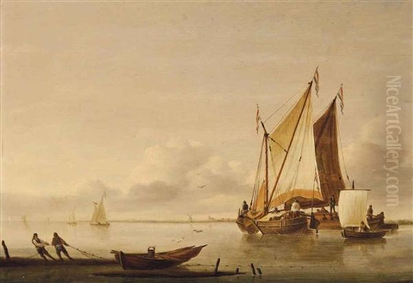Shipping In Calm Waters With Fishermen Pulling In A Boat - view 1