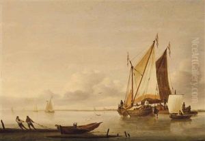 Shipping In Calm Waters With Fishermen Pulling In A Boat by Jan van Os