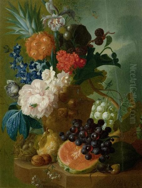 Eine Pfingstrose, Eine Iris, Eine Ananas Und Brombeeren In Einer Terracotta Vase Mit Einem Vogelnest, Einer Maus, Trauben Und Walnussen Auf Einer Steinplatte - view 1