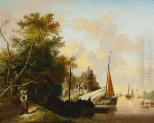 Peasants Unloading Cargo And Mother And Child By A River (pair)