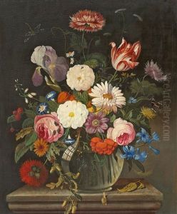 Blumenstillleben Mit Glasvase Auf Einem Steinpostament by Jan van Os