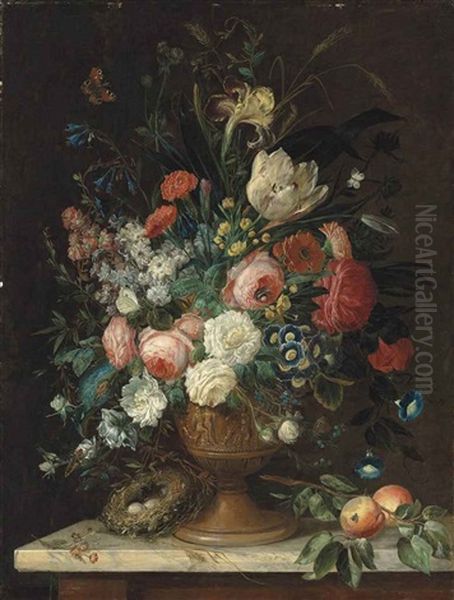 Roses, Tulips, Carnations, Morning Glories, Irises And Other Flowers In A Relief Vase, A Bird's Nest With Eggs And Peaches On A Marble Topped Table, With A Peacock Butterfly, A Brimstone, A Bumble-bee And Other Insects - view 1