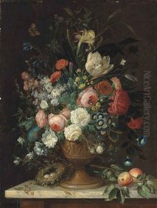 Roses, Tulips, Carnations, Morning Glories, Irises And Other Flowers In A Relief Vase, A Bird's Nest With Eggs And Peaches On A Marble Topped Table, With A Peacock Butterfly, A Brimstone, A Bumble-bee And Other Insects by Jan van Os