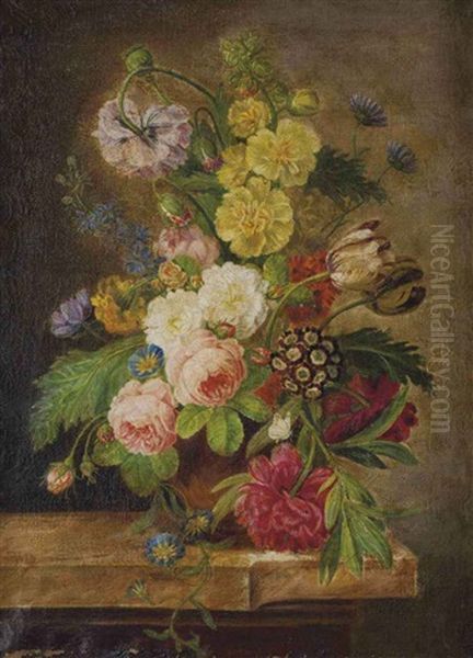 Vase Avec Pivoines, Roses Et Tulipes, Liserons Et Autres Fleurs Sur Un Entablement En Marbre - view 1