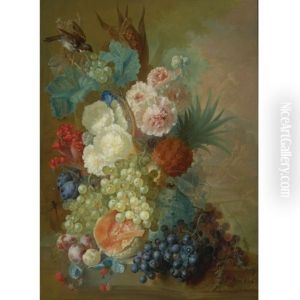 Still Life Of Peonies, A Cock's Comb And Morning Glories With A Pineapple, Ear Of Corn, Melons, Grapes, Plums And Raspberries All Resting On A Stone Ledge With A Finch, A Dragonfly And Other Insects, A Rocky Landscape With A Waterfall, Tower And Bridge Be