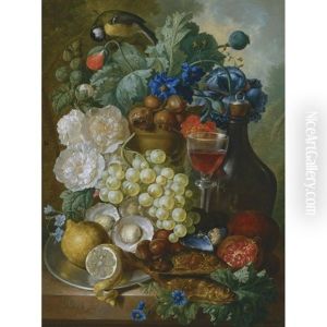 Still Life With Fruit And Flowers, Together With Oysters, Mussels, A Glass Of Wine, A Decanter And Other Objects On A Stone Ledge, A Landscape Beyond by Jan van Os