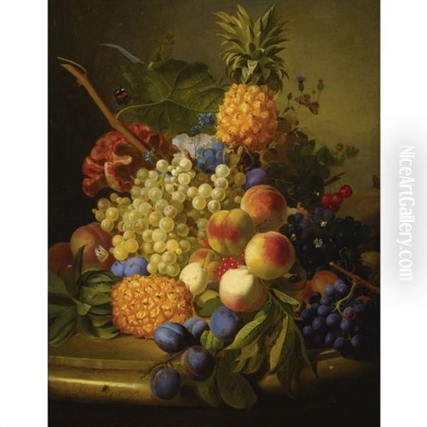 Still Life Of Grapes, Peaches, Plums, And Pineapples Resting On A Marble Table - view 1