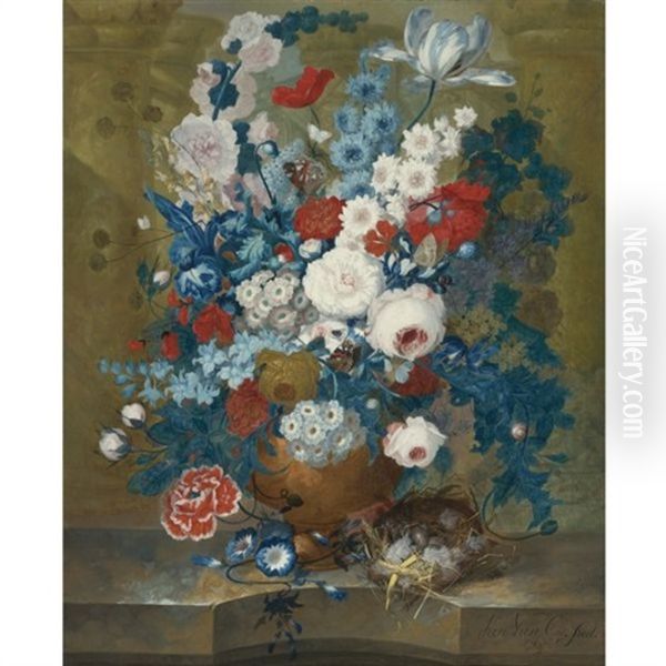 Flower Still Life With A Birds Nest On A Ledge - view 1