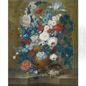Flower Still Life With A Birds Nest On A Ledge