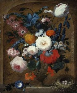 Roses, Peonies, Larkspur And Morning Glory In An Ornamental Urn With A Nest Of Four Eggs, On A Stone Ledge