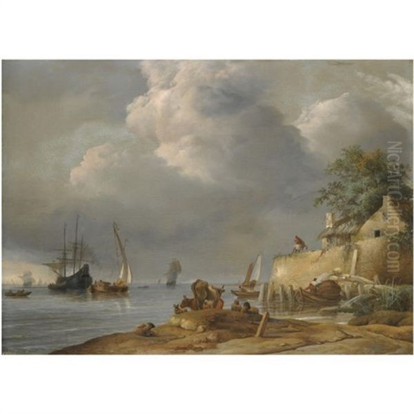 A Coastal Shipping Scene With Cattle And Sheep In The Foreground And A Man On Horseback Outside An Inn - view 1