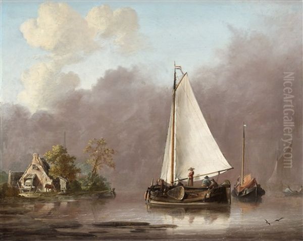 Hollandskt Flodlandskap Med Figurer Och Batar - view 1
