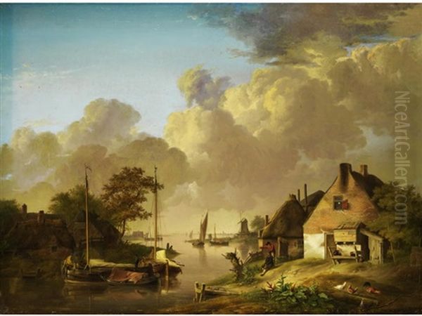 Niederlandische Flusslandschaft Mit Strohgedeckten Hausern Am Ufer, Moorbarken Und Figurenstaffage - view 1