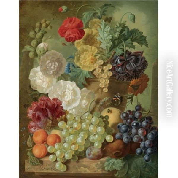 A Still Life With Hollyhocks, Poppies, An Anemone, Other Flowers And White-currants In A Terracotta Vase, With Apricots, White And Black Grapes, Pomegranates And A Plum, All Arranged On A Marble Ledge - view 1