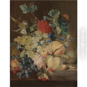 A Still Life With Peaches, Grapes, Raspberries Together With Various Flowers On A Stone Ledge by Jan van Os