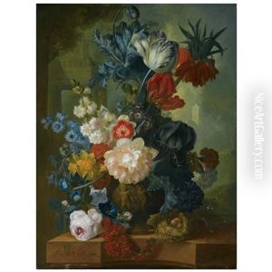 Still Life With A Bouquet Of Flowers In A Sculpted Vase, Including A Parrot Tulip, Morning Glory, A Black Iris, Peonies, Daffodils And A Crown Imperial...