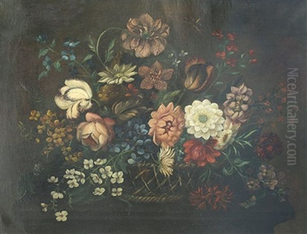 Bunter Blumenstraus In Einer Korbschale - view 1