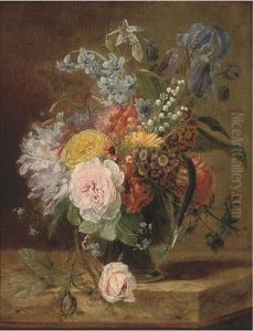 Roses, Iris, Bluebells, Chrysanthemums And Other Flowers In Glass Vase On A Stone Ledge by Jan van Os