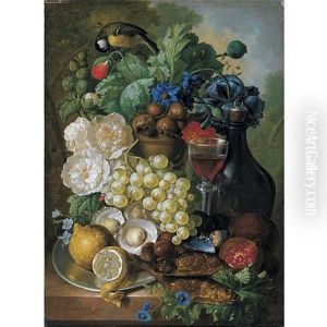 Still Life With Fruit And Flowers, Together With Oysters, Mussels, A Glass Of Wine And A Decanter by Jan van Os