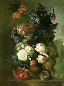 Vase De Fleurs Et Nid D'oiseaux Sur Un Entablement Vase De Fleurs Et Nid D'oiseaux Sur Un Entablement