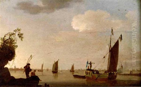 A River Landscape With A Trumpeter On The Deck Of A Statenjacht And A Fisherman And Woman On The Riverbank - view 1