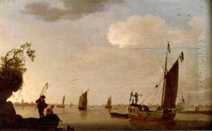 A River Landscape With A Trumpeter On The Deck Of A Statenjacht And A Fisherman And Woman On The Riverbank by Jan van Os