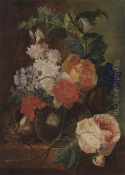 A Still Life With Roses And Other Flowers In A Glass Vase Together With A Bird's Nest, All Resting On A Stone Ledge - view 1
