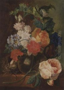A Still Life With Roses And Other Flowers In A Glass Vase Together With A Bird's Nest, All Resting On A Stone Ledge by Jan van Os