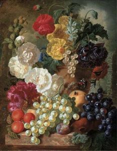 Poppies, Hollyhocks, An Anemone And Other Flowers In A Terracotta Urn With Grapes, A Plum, Pomegranates, Apricots, Peaches And A Cockscomb With A Butterfly