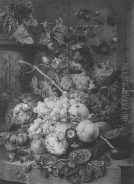 Nature Morte Aux Raisins, Framboises Et Vase Antique Sur Un Entablement - view 1