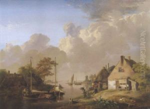 Niederlandische Flusslandschaft Mit Dorf Und Figuren by Jan van Os