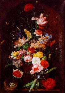 Roses, Carnations, Tulips, Narcissi And Other Flowers In A Sculpted Urn On A Ledge With A Bird's Nest by Jan van Os