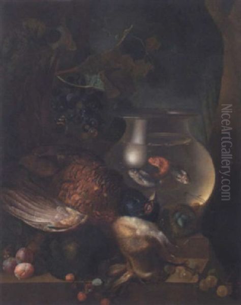 A Still Life Of A Pheasant, A Rabbit, A Goldfish Bowl, A Bird's Nest, A Melon, Plums, Gooseberries And Raspberries, All Arranged Upon A Stone Ledge - view 1