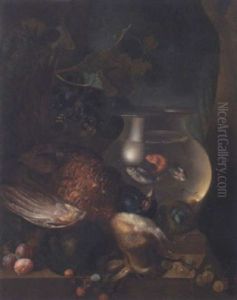 A Still Life Of A Pheasant, A Rabbit, A Goldfish Bowl, A Bird's Nest, A Melon, Plums, Gooseberries And Raspberries, All Arranged Upon A Stone Ledge by Jan van Os