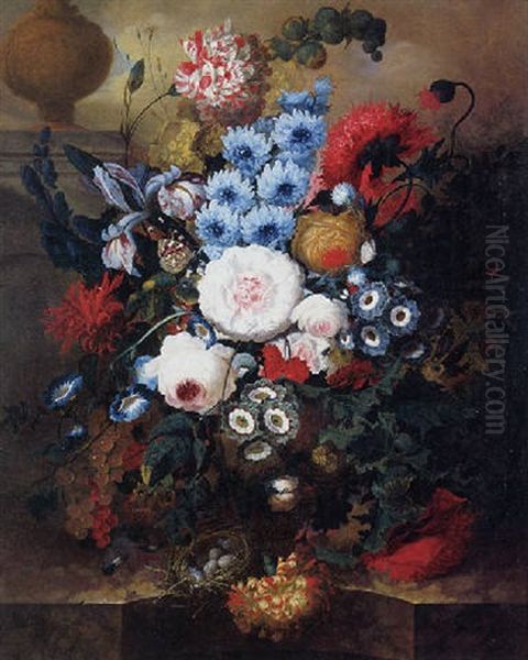 Still Life Of Flowers In A Vase Resting On A Marble Ledge - view 1