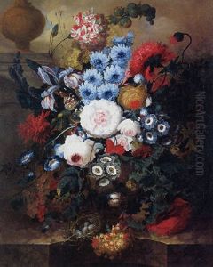Still Life Of Flowers In A Vase Resting On A Marble Ledge